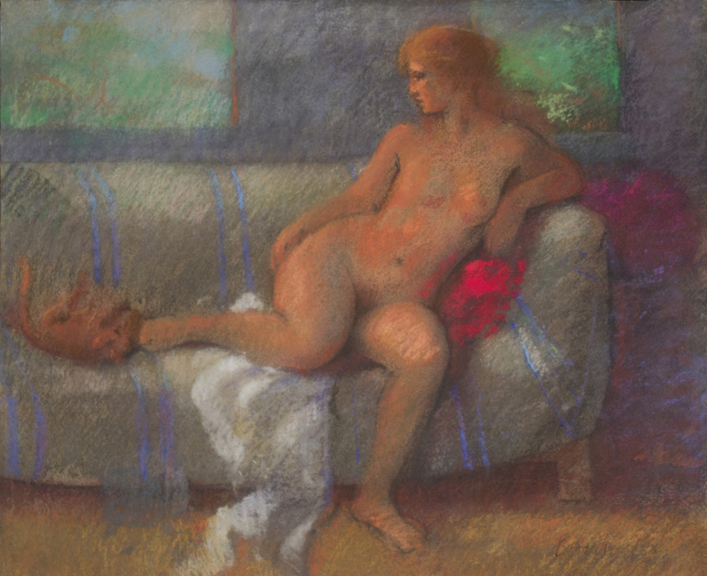 Untitled (Model on Couch with Striped Cover, Right Leg Up, Foot Playing with Cat)