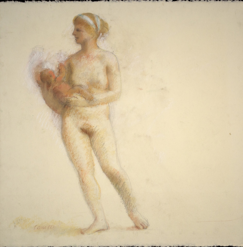 Untitled (Standing Woman Holding Infant, Weight on Right Leg, Head in Profile, Blue/White Band in Hair)